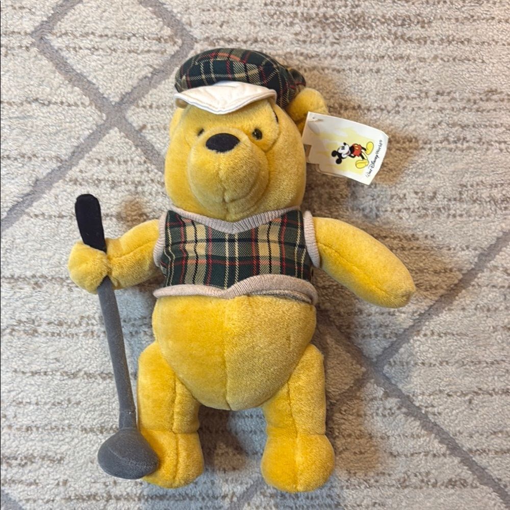 Disney Yellow and Gray Stuffed Winnie the Pooh Plush Golfer Pooh